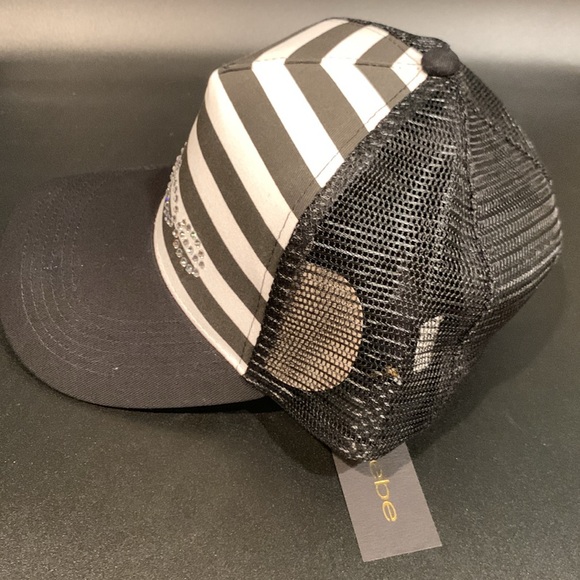 Bebe Black/White Striped Hat with Rhinestone Logo Embellished Baseball Cap - Picture 5 of 10
